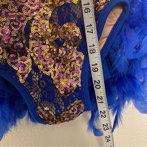 Glamour dance costume solo gold sequin blue feather sassy salsa jazz LC child - Picture 7 of 11